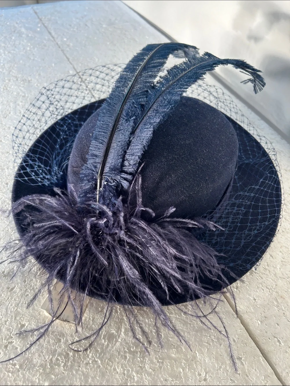 Michael Howard NWT Navy 100% Wool Veiled Feather Hat 50's Vintage Derby